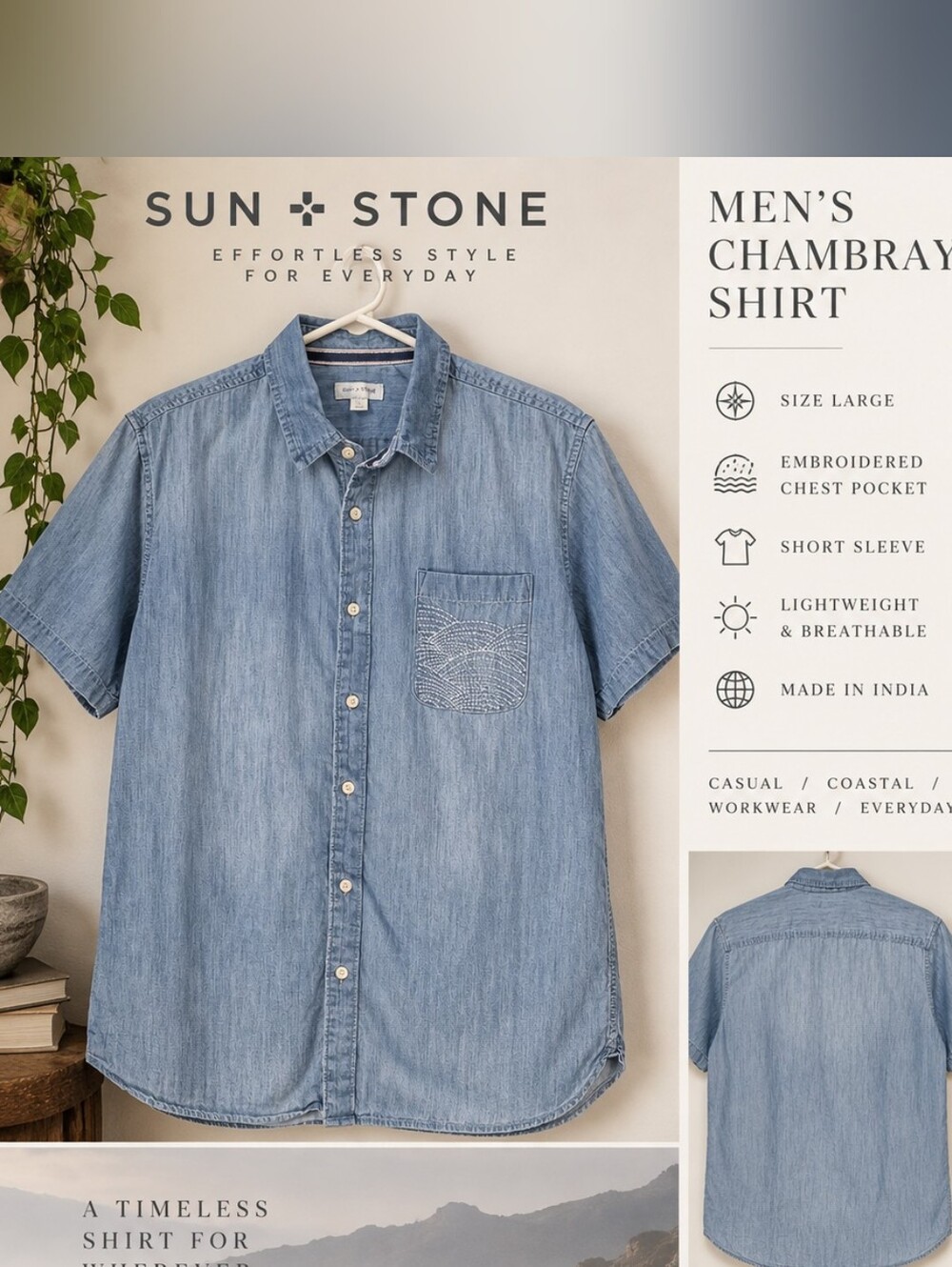 Sun + Stone Men’s L Chambray Shirt Embroidered Pocket Short Sleeve Blue
